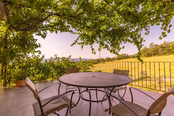 Elegante Klassische Eisenstühle Und Tisch Innenhof Eines Landhauses Mit Terrasse — Stockfoto