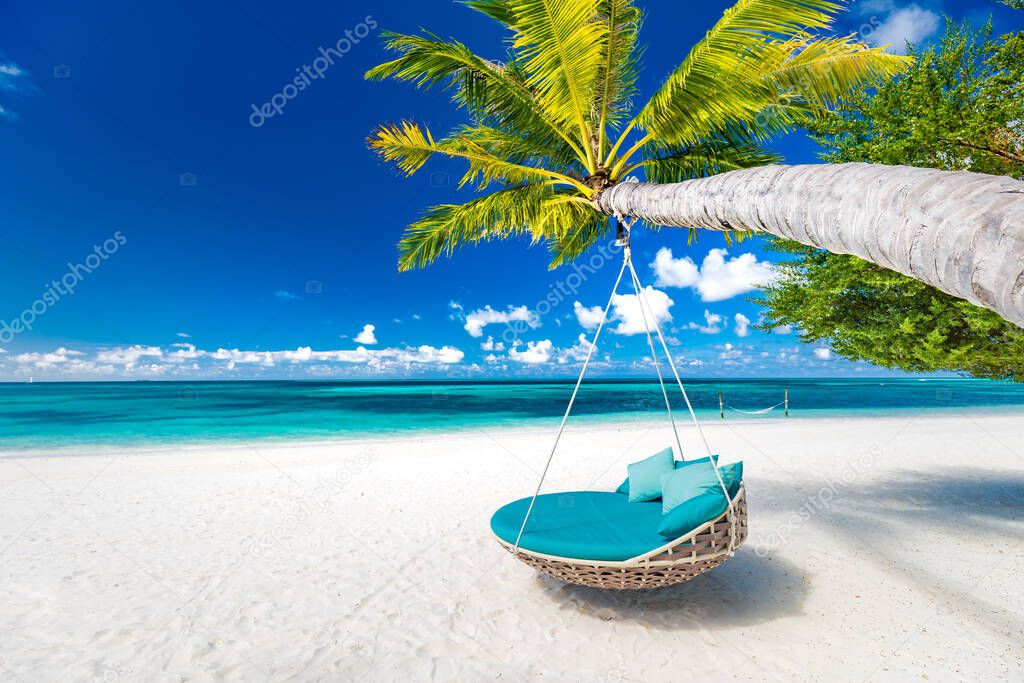 Beautiful tropical beach banner. White sand and coco palms travel tourism wide panorama background concept. Amazing beach landscape. Romantic hammock or swing hanging on palm tree, couple destination. Luxury island resort vacation or holiday