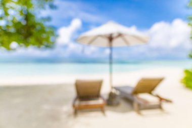 Güzel bulanık tropikal plaj afişi. Bokeh manzaralı beyaz kum ve kakao palmiyeleri turizm açısından geniş bir panorama arka planına sahiptir. İnanılmaz bir sahil manzarası. Renk sürecini canlandırır, ilham verici bulanıklığı arttırır. Lüks ada tatil beldesi ya da tatil