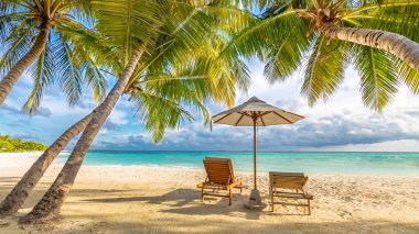 Güzel tropik gün batımı manzarası, iki güneş yatağı, dinlenme yerleri, palmiye ağacının altındaki şemsiye. Beyaz kum, ufku olan deniz manzarası, renkli alacakaranlık gökyüzü, sakinlik ve rahatlama. İlham verici sahil oteli
