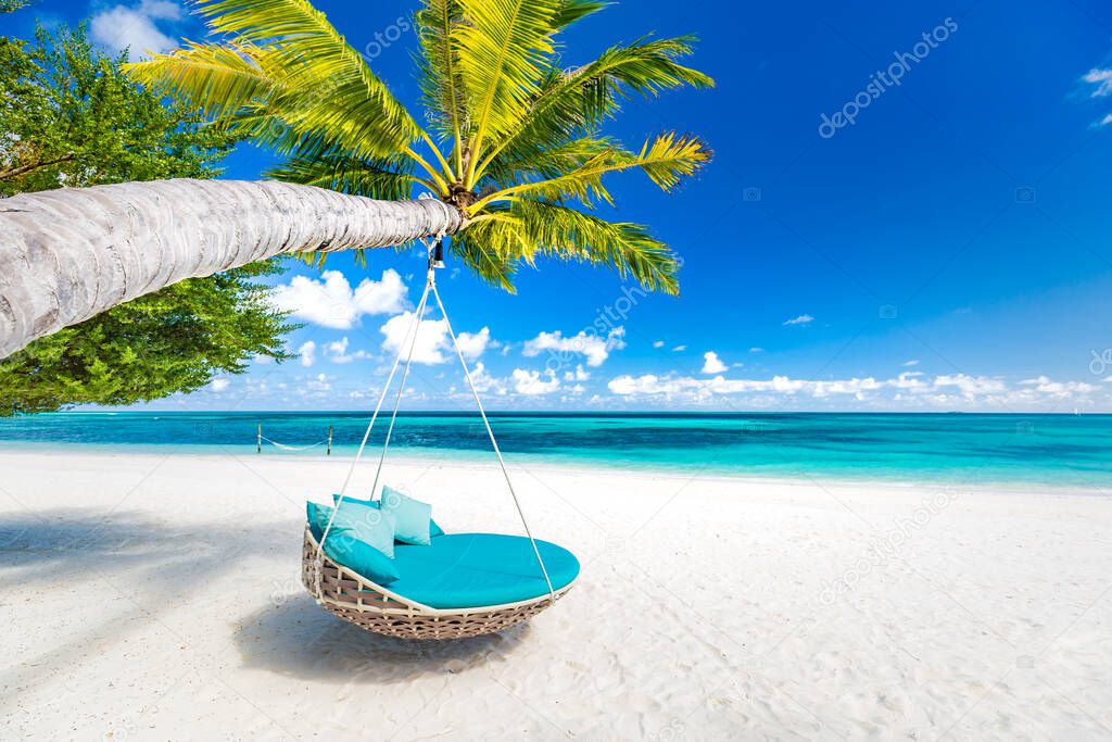 Beautiful tropical beach banner. White sand and coco palms travel tourism wide panorama background concept. Amazing beach landscape. Romantic hammock or swing hanging on palm tree, couple destination. Luxury island resort vacation or holiday