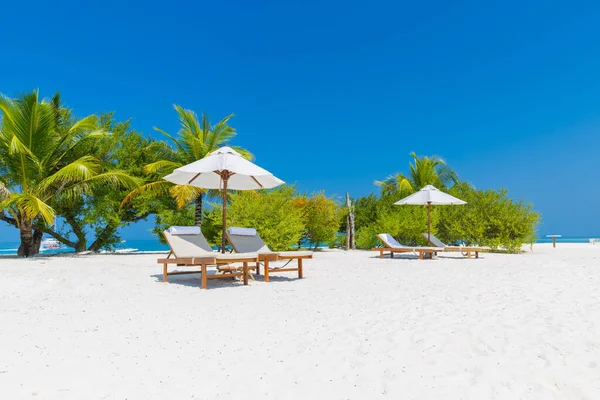 Schöner Strand Stühle Sandstrand Der Nähe Des Meeres Sommerurlaub Und — Stockfoto