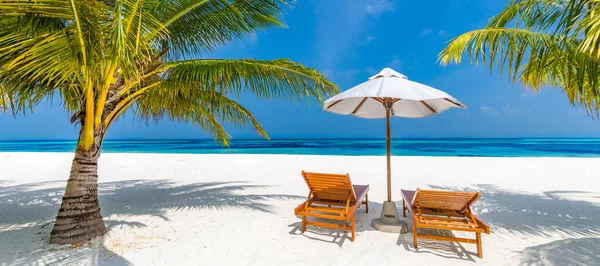 美丽的海滩靠海的沙滩上的椅子 暑假和旅游度假的概念 具有启发性的热带景观 — 图库照片