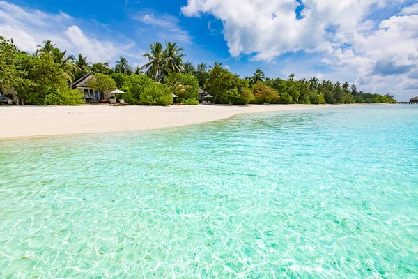 Tropisches Strandparadies Als Sommerlandschaft Grüne Palmenblätter Und Weißer Sand Ruhiges — Stockfoto