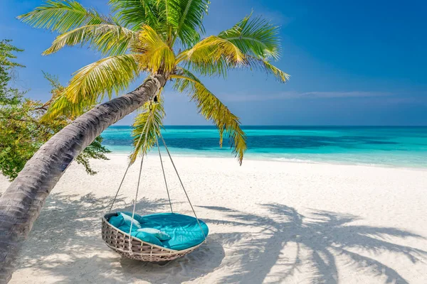 Plaj manzarası olarak tropik plaj manzarası. Plaj salıncakları ya da palmiye ağaçlarının üzerinde sallanan hamak. Plaj pankartı için sakin deniz. Mükemmel bir plaj manzarası tatili ve yaz tatili şablonu. Lüks plaj tatil köyü