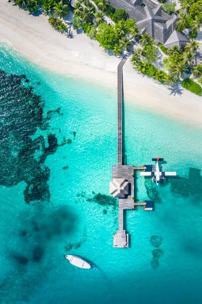 木製ボートDhoniと熱帯ビーチ ヤシの木と白い砂とモルディブの桟橋水上飛行機のトップビューの美しい航空ビュー 豪華な旅行と休暇のコンセプト 素晴らしい空中風景 — ストック写真
