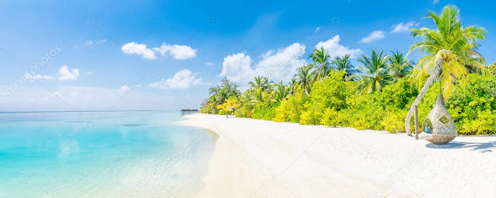 Paradise island template. Beautiful tropical beach banner. White sand and coco palms travel tourism wide panorama background concept. Amazing beach landscape. Luxury travel destination, summer vacation, relaxing beach