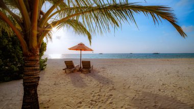 Romantik sahil manzarası, yaz tatili ya da balayı geçmişi. Lüks tatil ve tatil konsepti, yaz tatili afişi. Gün batımı kumsalının panoramik manzarası, iki şezlonglu şemsiye, palmiye yaprağı, cennet adası manzarası için renkli günbatımı gökyüzü