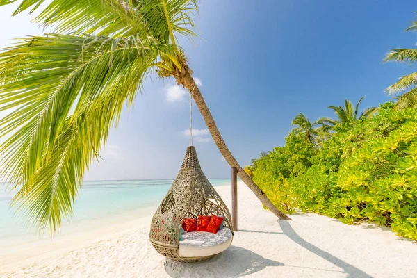 多云的天空下美丽的热带马尔代夫海滩 在椰子树棕榈上摇曳或挂着吊床 奢华假期的概念 放松岛屿天堂 田园风光 夫妻目的地 — 图库照片