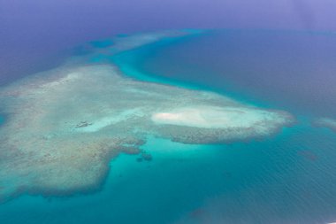 Maldives beach reef sand. Different beaches of islands located in Maldives. Coral reef with lagoon, amazing nature view. Aerial landscape seascape