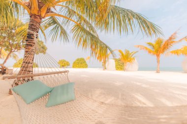 Beach hammock shade between palm tree with palm leaves on tropical beach at sunset. Sunset summer beach relax with hammock on glowing bokeh from blue sea.