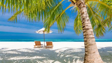 Beautiful beach. Chairs on the sandy beach near the sea. Summer holiday and vacation concept for tourism. Inspirational tropical landscape. Luxury travel background, sunny scenery with palm tree leaves and idyllic carefree relaxing mood, vibes