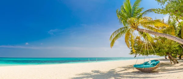 Tropical Beach Background Καλοκαιρινό Τοπίο Αιώρα Και Λευκή Άμμο Και — Φωτογραφία Αρχείου
