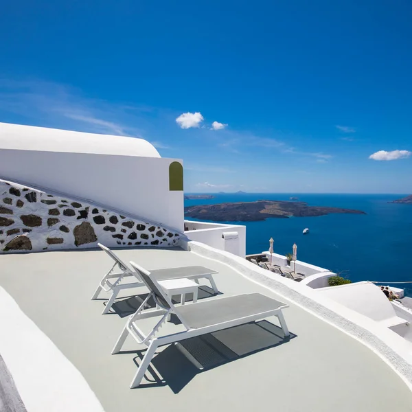 Biała Architektura Wyspie Santorini Grecja Niesamowity Letni Widok Taras Luksusowy — Zdjęcie stockowe