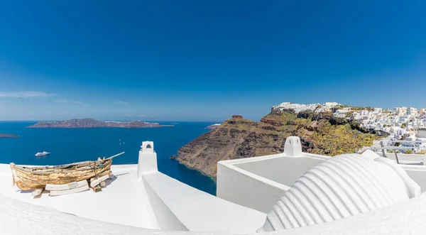 Oia Fira Cityscape Острів Санторіні Греція Панорамний Вид Блакитне Сонячне — стокове фото