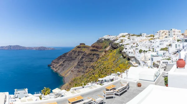 Oia Fira Cityscape Острів Санторіні Греція Панорамний Вид Блакитне Сонячне — стокове фото