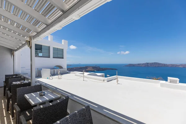Santorini Terrasse Mit Meerblick Weiße Architektur Über Caldera Restaurant Freien — Stockfoto