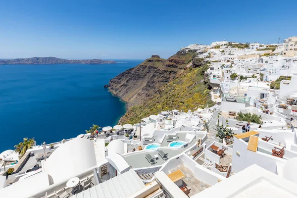 Oia Fira Városkép Santorini Sziget Görögország Panorámás Kilátás Kék Napos — Stock Fotó