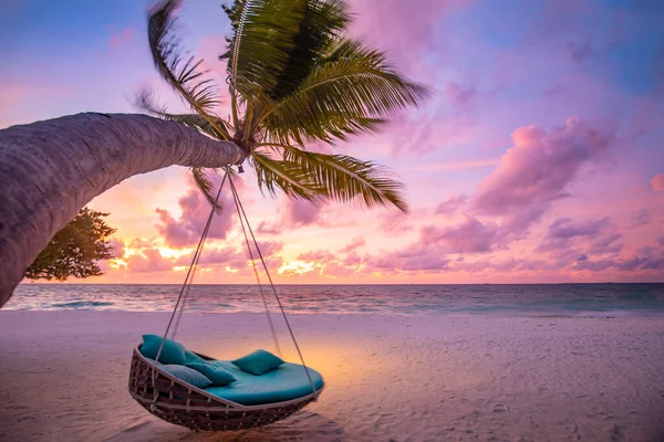 Hängematte Schönen Tropischen Strand Bei Sonnenuntergang — Stockfoto