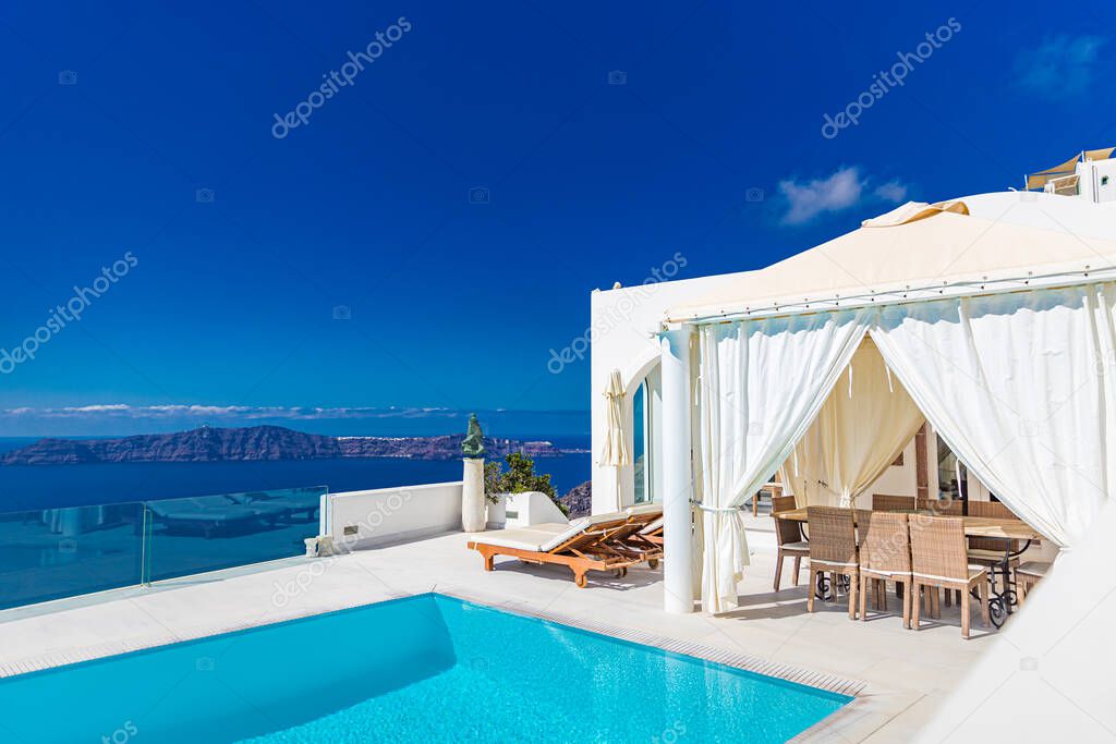 beautiful luxury white house with blue sky and sea view