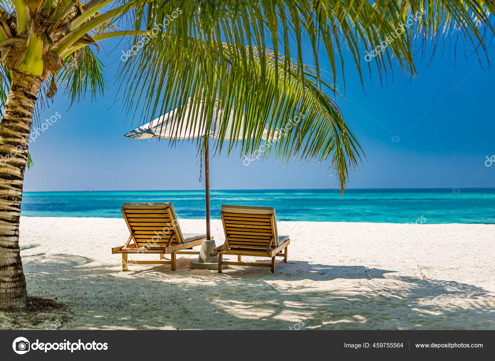 Download Tropical Beach Nature Summer Landscape Lounge Chairs Palm Trees Calm Stock Photo Image By C Icemanphotos 459755564