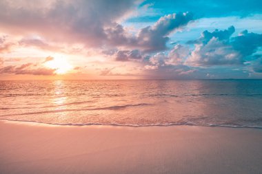 Plaj ve tropikal deniz. Göz kamaştırıcı yaz manzarası, kıyı, kıyı, sakin dalgalar, beyaz kum üzerinde rahatlatıcı deniz manzarası. Sakin doğa düzeni, plaj konsepti. Seyahat tatili, kopyalama alanı