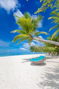 Plaj arka planında plaj manzarası, salıncak, hamak, beyaz kum ve plaj afişi için sakin deniz. Sahilde mükemmel bir tatil ve yaz tatili konsepti. Eski efekt