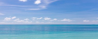 Plaj ve tropikal deniz. Çarpıcı yaz manzarası, kıyı, kıyı, sakin dalgalar, gevşetici deniz manzarası beyaz kum mavisi gökyüzü üzerinde. Sakin doğa düzeni, plaj konsepti. Seyahat tatili, kopyalama alanı