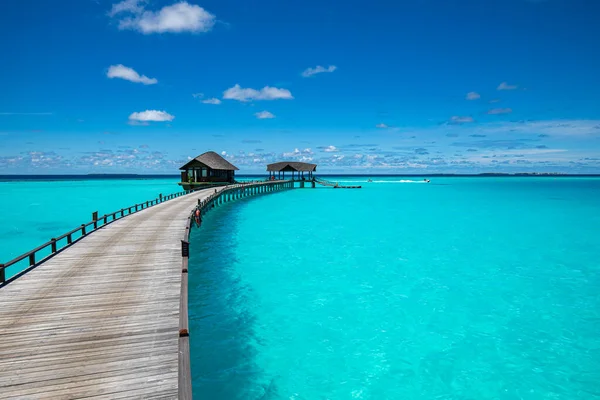 Mooie Tropische Malediven Eiland Met Blauw Water Houten Pier — Stockfoto