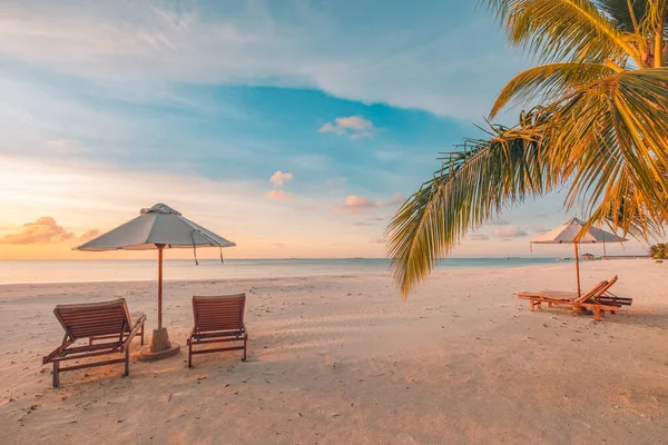 平静的海滩场景 异国情调的热带海滩景观背景或壁纸 暑期度假概念的设计 完美的夫妇旅游目的地景观 暑假假期模板 白色的沙子椅子休闲的生活方式 — 图库照片