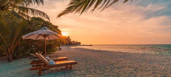 热带海滩作为夏季景观 有躺椅和棕榈树 平静的大海作为海滩横幅 奢华的旅游风景 美丽的度假或度假目的地 海滩场景 — 图库照片