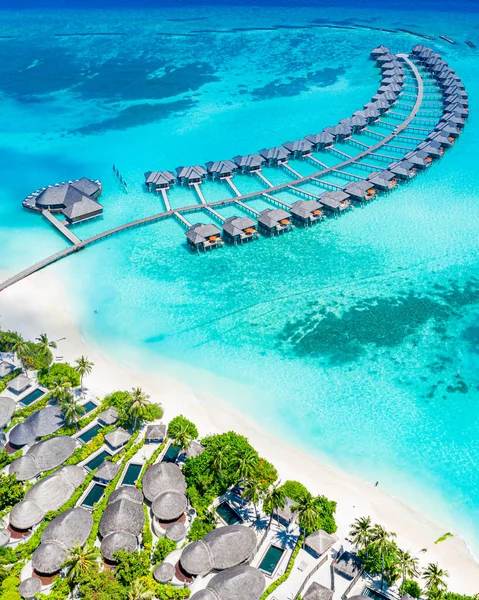 Aerial View Maldives Island Luxury Water Villas Resort Wooden Pier — Stock Photo, Image