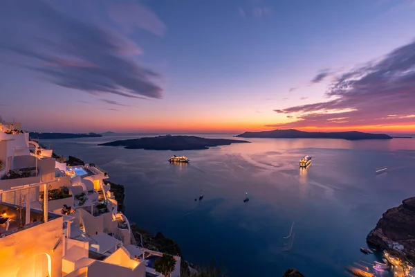 Дивовижний Вечірній Краєвид Острова Санторіні Знаменитому Грецькому Курорті Фіра Греція — стокове фото