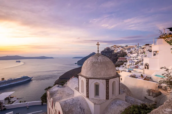 Fantástica Vista Noturna Ilha Santorini Pôr Sol Pitoresco Mola Recurso — Fotografia de Stock