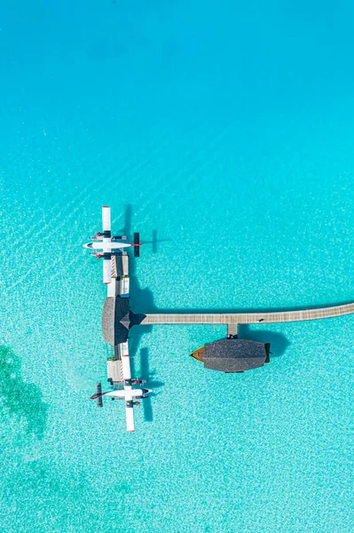 Beautiful Aerial View Maldives Jetty Seaplane Top View Wooden Boat — Stock Photo, Image