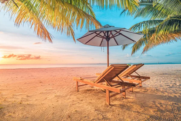 平静的海滩场景 异国情调的热带海滩景观背景或壁纸 暑期度假概念的设计 完美的夫妇旅游目的地景观 暑假假期模板 白色的沙子椅子休闲的生活方式 — 图库照片