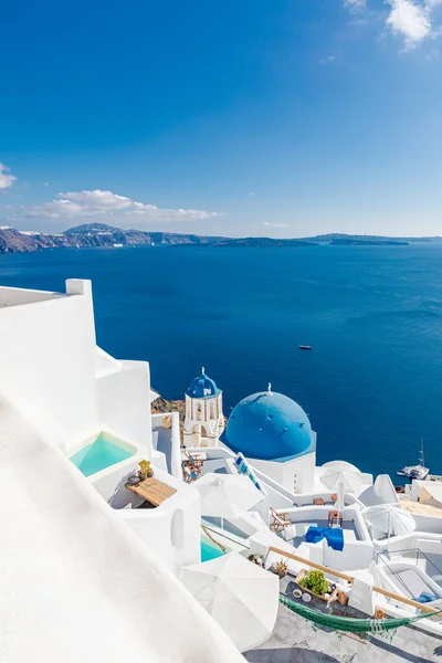 Santorini Sziget Görögország Csodálatos Nyári Nyaralás Táj Fehér Építészet Kék — Stock Fotó