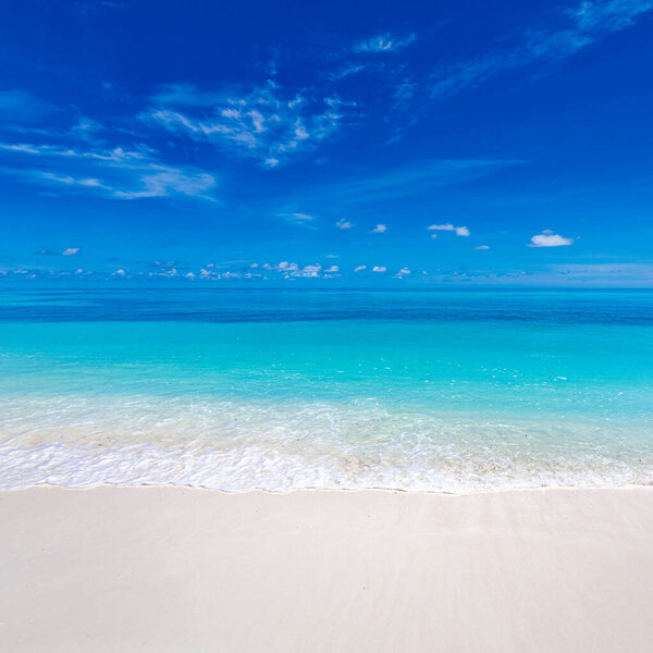 Beach and tropical sea. Stunning summer landscape, shore, coast with calm waves, relaxing seascape horizon over white sand blue sky. Tranquil nature pattern, beach concept. Travel vacation, copy space