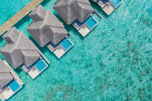 Aerial View Maldives Island Luxury Water Villas Resort Wooden Pier — Stock Photo, Image