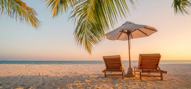 Güzel tropik gün batımı manzarası, iki güneş yatağı, dinlenme yerleri, palmiye ağacının altındaki şemsiye. Beyaz kum, ufku olan deniz manzarası, renkli alacakaranlık gökyüzü, sakinlik ve rahatlama. İlham verici sahil oteli