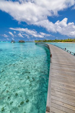 Tahta iskele, turkuaz okyanusa, tropik adaya doğru uzanıyor..