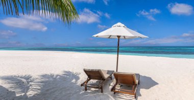 İki ahşap şezlong ve şemsiye el değmemiş bir tropik plajda..