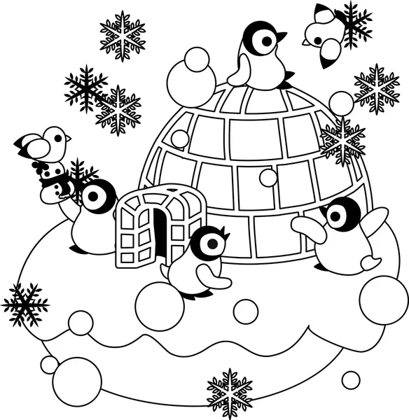 Pinguins e um iglu . — Vetor de Stock