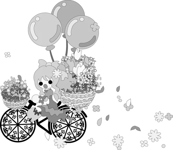 Цветы танцуют в небе - Девушка на велосипеде - — стоковый вектор