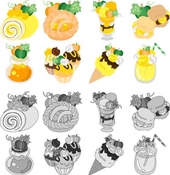 The icons of various pumpkin sweets — Stock Vector