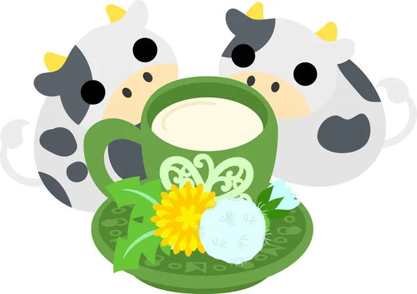 Illustration Vaches Rondes Comme Des Animaux Peluche Une Tasse Lait — Image vectorielle