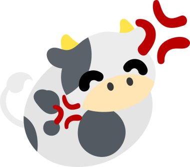 Doldurulmuş bir hayvan gibi gülen ve kızgın yuvarlak bir inek tasviri