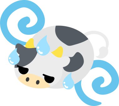 Yuvarlak bir ineğin tasviri sert bakışlı doldurulmuş bir hayvan gibidir.