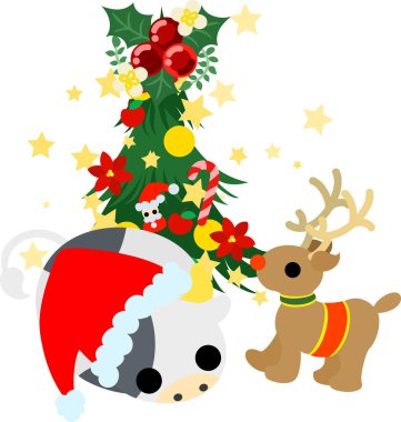 Yuvarlak bir ineğin Noel 'i kutlayan doldurulmuş bir hayvan gibi tasviri