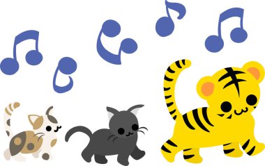 Şirin bir kaplan ve şirin kedilerin bir çizgi üzerinde yürüdüğü tasviri